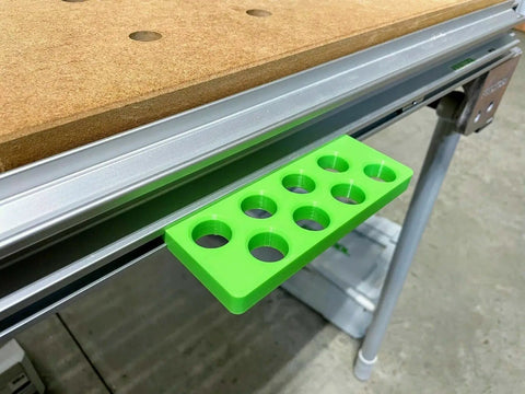 Premium Bench Dog Storage Rack For Festool Mft Three Table Side Mount Holder showing green plastic organizer with holes for dog pins.