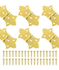 Set Of Six Mini Butterfly Cabinet Hinges In Classic Antique Gold With Included Mounting Screws For Wood Boxes Jewelry Crafts And Furniture Diy No Sweat Install And Built Tough. Image showing six decorative gold hinges and screws.