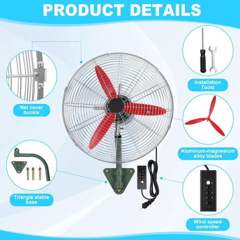 Tough As Nails 22 Inch Wall Mount Fan Oscillating Speckled Green Industrial Finish 7500 CFM Three Speed Metal Design with red blades.