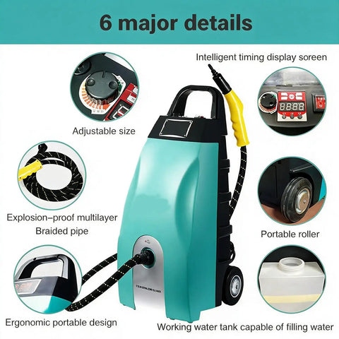 Quick Heat Up Yellow Steam Cleaner With Full Attachments For Multi-Spot Use 3000 Watt High Power Motor shows detailed features like adjustable size and ergonomic design.