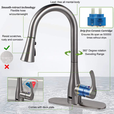 Touchless Kitchen Faucet With Sensor, Pull-Down Sprayer, Brushed Nickel Finish, Spot Free, with illustrative features.