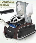 Expandable Waterproof Bike Trunk Bag 15L To 23L For Rear Rack with open lid showing helmet and accessories inside.