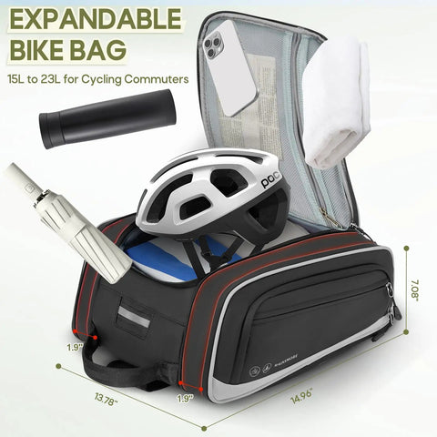 Expandable Waterproof Bike Trunk Bag 15L To 23L For Rear Rack with open lid showing helmet and accessories inside.