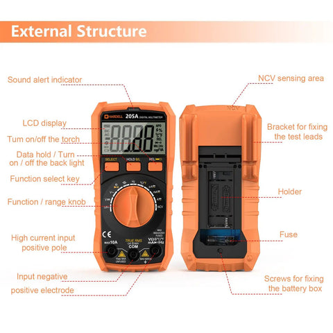 External structure of Digital Multimeter TRMS 6000 Counts Auto Ranging DMM With NCV Backlight And Flashlight, front and back view