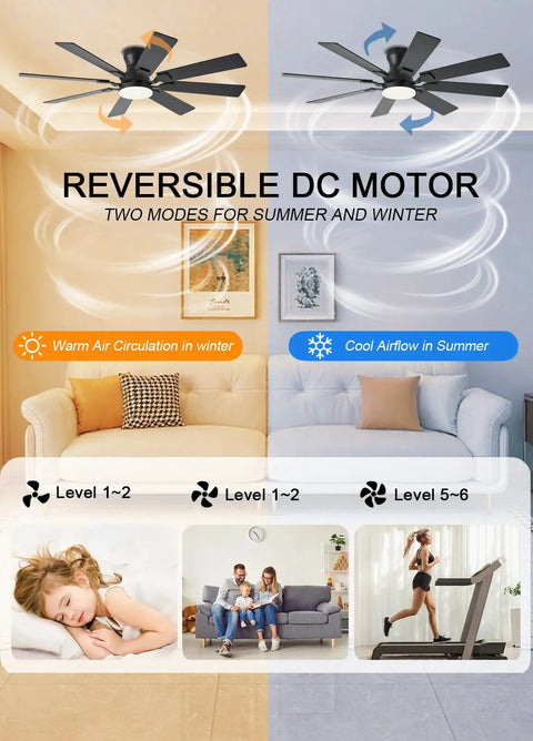 52 Inch Ceiling Fan With Light And Remote Control, 6 Speeds Reversible, Low Profile Flush Mount Ceiling Fan With 8 Blades, Quiet Operation For Bedroom, RGB Dimmable Light With Three Color Temperature Modes, App Control, Black. Image showing reversible DC motor modes for summer and winter.