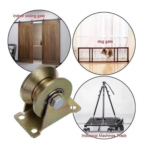 Heavy Duty Stainless Steel Caster Wheel Set Four Pack For Sliding Door Tracks U Type 60mm Bearing Pulleys Rollers displayed with usage examples including gates and industrial machines.