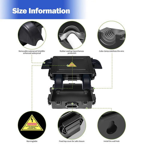 Compact Outdoor Electrical Box With IP54 Weatherproof Cord Cover, Four-Port Enclosure For 12mm To 16mm Cables, Waterproof Extension Cord Organizer For Outdoor Power Setup, Keeps Cords Neat, Safe, And Ready To Roll. Black plastic box with waterproof shield and cable clamps