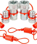 ANCIMOON 3/8 in hydraulic quick-connect couplers set of four with silver metal bodies, red dust caps and lanyards
