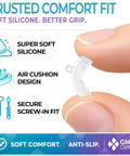 Premium Silicone Screw In Nose Pads For Eyeglasses Ultra Smooth Fit No Sweat Design Slash Redness Quick Solid 14 Mm Medium Build Five Pair Reload Pack, close-up of clear silicone pad.