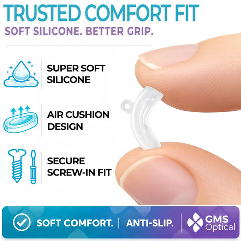 Premium Silicone Screw In Nose Pads For Eyeglasses Ultra Smooth Fit No Sweat Design Slash Redness Quick Solid 14 Mm Medium Build Five Pair Reload Pack, close-up of clear silicone pad.