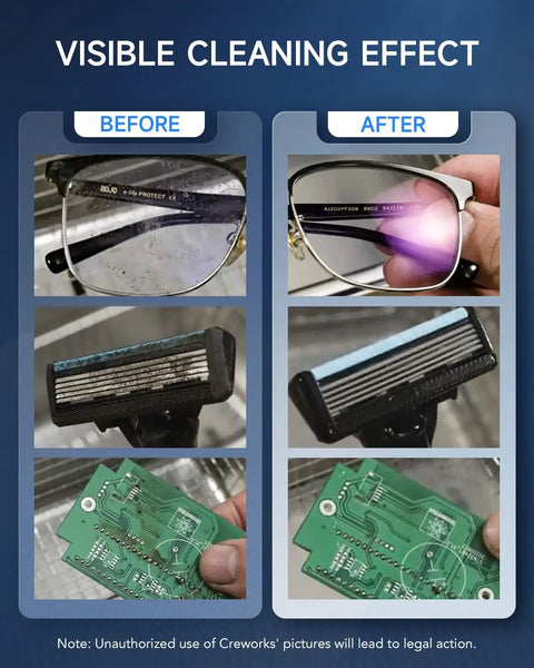 Visible cleaning effect showing before and after results of cleaning glasses, razor blades, and a circuit board using the Kick Ass Heavy Duty 2 6 Gallon Ultrasonic Parts Washer With 240 Watt Heating And Manual Knob Controls For Engines Bike Chains Jewelry Watch Cases And Lab Gear Super Smooth Cleaning.