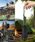 Beast 9 In 1 Portable Camping Shovel Multi Tool For Backpacking And Survival Gear with saw next to camping tent and activities