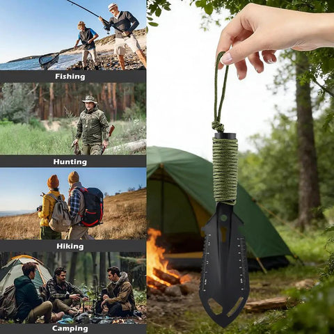 Beast 9 In 1 Portable Camping Shovel Multi Tool For Backpacking And Survival Gear with saw next to camping tent and activities