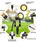 Outdoor Landscape Lighting Kit Six Pack With Transformer Plug In LED Spot Lights For Garden Yard Lawn Trees House Flags IP65 Waterproof Warm White Safe Low Voltage Setup No Fuss Install showing components with spotlight, wire, adapter, and stake details.