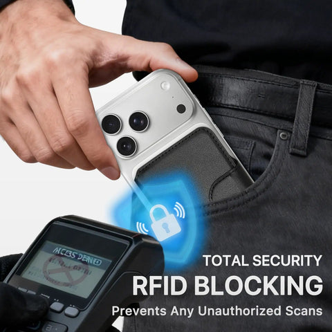 MagSafe Wallet With RFID Blocking Magnetic Card Holder For iPhone 17 16 15 14 13 12 Series in black in pocket with scanner