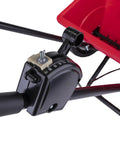 Close-up of flow control on Red 75Lb Drop Spreader for Lawn Care With 22 Inch Coverage, adjustable for grass seed and fertilizer.