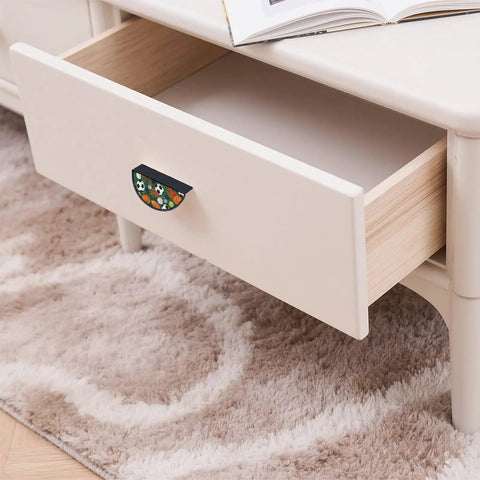 Open drawer with Two Pack Customizable Panel Cabinet Handles, 3 Inch Center Hole Semicircle Drawer Pulls, Solid Zinc Alloy Hardware, Black Base.