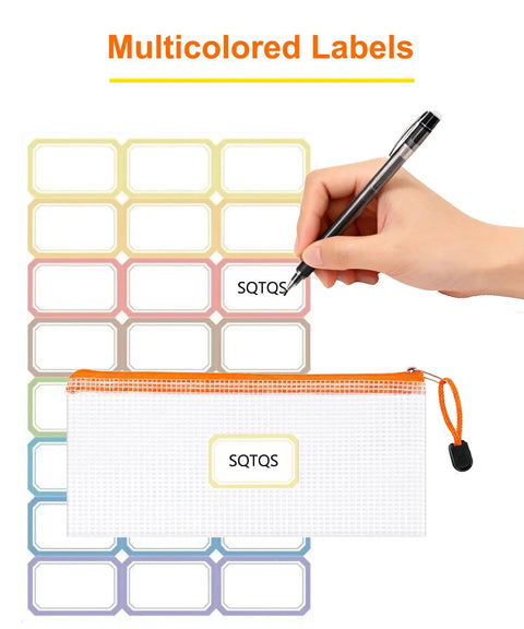 Lightweight Zipper Mesh Pouches 24 Pack A6 Clear Storage Bags, orange zipper, multicolored label tabs, hand writing on label