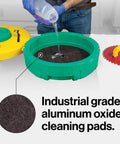 BladeClean Saw Blade And Router Bit Cleaning Kit System with CPR Disc Set in use, featuring a green cleaning well and cleaning pads