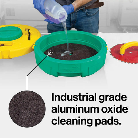 BladeClean Saw Blade And Router Bit Cleaning Kit System with CPR Disc Set in use, featuring a green cleaning well and cleaning pads