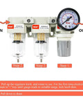 Front view of Beefed Up 3 In 1 Air Filter Regulator Combo With Double Five Micron Brass Elements, gauge, and NPT connections.
