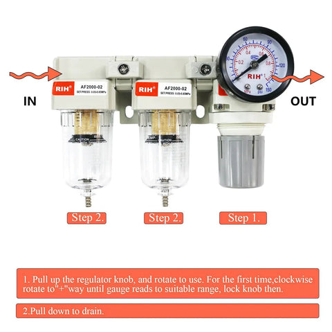 Front view of Beefed Up 3 In 1 Air Filter Regulator Combo With Double Five Micron Brass Elements, gauge, and NPT connections.