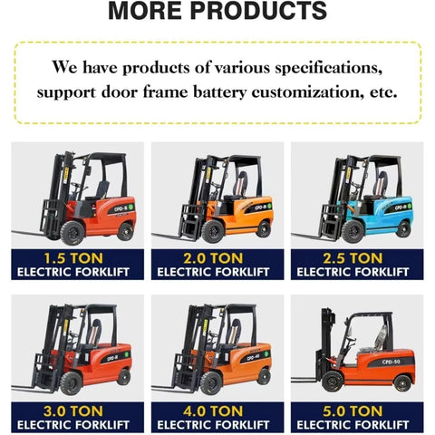 Image showcasing various electric forklifts including 1.5 ton, 2.0 ton, and 2.5 ton models for warehouse operations.