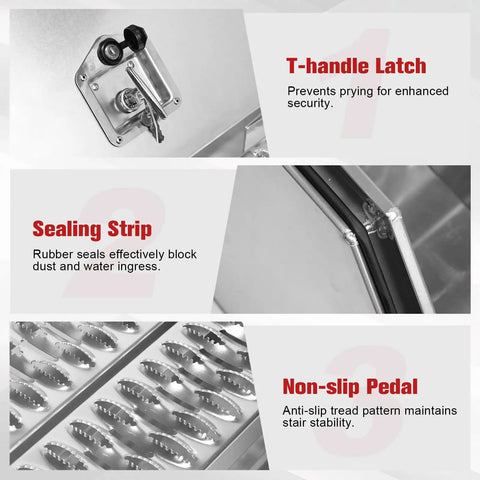 Features of the 18 Inch Aluminum Side Mount Tool Box For Semi Trucks With Saddle Step including lockable latch and sealing strip.
