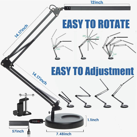LED Desk Lamp With Clamp And Round Base Go To Swing Arm Eye Caring Table Light Three Color Modes Ten Brightness Levels shown with dimensions.