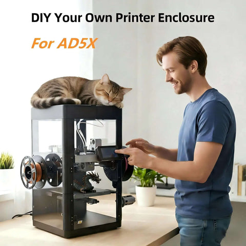 Man next to 3D printer with cat on top, featuring DIY Upgraded Enclosure Kit for Falshforge AD5X with acrylic panels and screws.