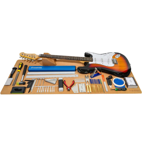 All In One Pro Guitar Setup And Repair Tool Kit With Work Mat And Neck Rest Cradle For Luthier Style Repairs displayed on mat with tools.