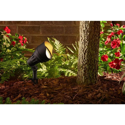 Low Voltage Outdoor LED Flood Light 100 Watt Equivalent Black Integrated Lamp for landscape and security lighting near tree