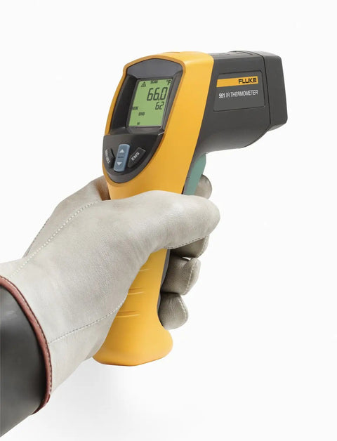 Boss Level HVAC Pro Infrared Thermometer With Dual Infrared And Thermocouple Modes, Reads Minus Forty To One Thousand Twenty Two Degrees Fahrenheit (Forty To Five Hundred Fifty Celsius), Perfect For HVAC And Refrigeration, Electrical, And Industrial Work. Handheld infrared thermometer in gloved hand