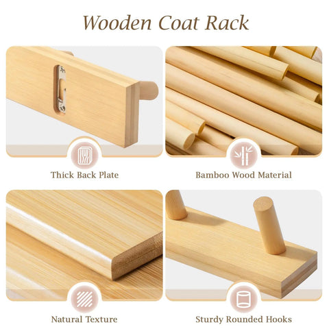 Wall Mounted Wooden Coat Rack With Five Heavy Duty Hooks in Natural Bamboo Finish Sturdy Built To Last With Waterproof Coating Ideal For Entryway Hallway Living Room Decor, featuring thick back plate, bamboo material, and sturdy rounded hooks.