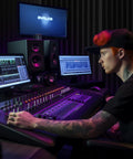 4 Pack Heavy Duty Acoustic Foam Panels 48 By 24 By 2 Inches Sound Proof Wall Tiles in a music studio setting with mixing console.