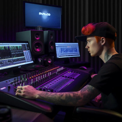 4 Pack Heavy Duty Acoustic Foam Panels 48 By 24 By 2 Inches Sound Proof Wall Tiles in a music studio setting with mixing console.