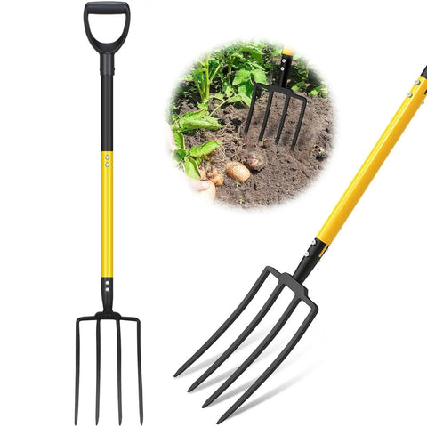 4 Tine Heavy Duty Garden Fork With Ergonomic No Slip D Grip Handles 45 Inch Long Spading Fork For Gardening Yellow Finish