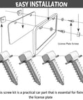 Diagram showing installation of Heavy Duty License Plate Screws Kit 4 Pack Silver Bolts for Cars SUV Truck Universal Fasteners