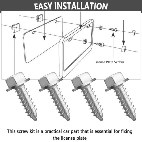 Diagram showing installation of Heavy Duty License Plate Screws Kit 4 Pack Silver Bolts for Cars SUV Truck Universal Fasteners