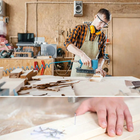Carpenter using tools with 400 Piece Hardware Nails Kit For Picture Hanging Galvanized Nails In Seven Size Ranges visible in workshop.