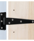 Beefed-Up Heavy Duty 6 By 5 Inch Black Rustproof Iron T Shaped Triangle Hinges for shed doors and wood fence installation.