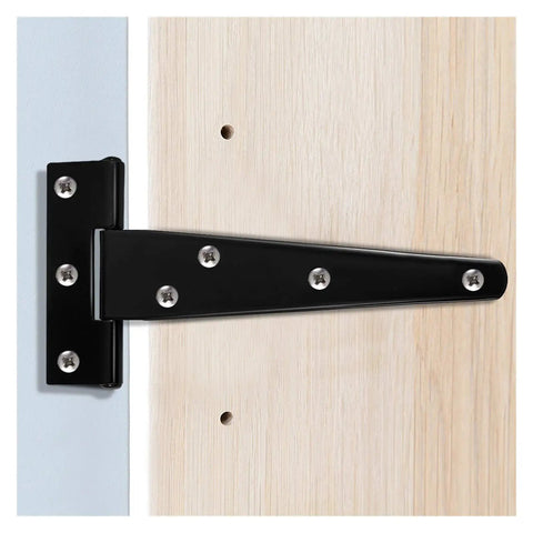 Beefed-Up Heavy Duty 6 By 5 Inch Black Rustproof Iron T Shaped Triangle Hinges for shed doors and wood fence installation.