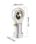 Two Pack One Quarter Inch Rod End Bearings With Pre Lubricated 28 TPI Right Hand Female Thread, 13 Degree Misalignment, Spherical Steel Body, Hardened Ball, Beefy Yet Precise, 7.7 kN Static And 4.5 kN Dynamic Load Capacity., 1/4 in rod end bearing, 18mm head, 40mm length