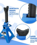 Close-up of Beefy 3 Ton Steel Automotive Jack Stands With Adjustable Height 11.4 To 16.8 Inches, blue base and wide saddle design