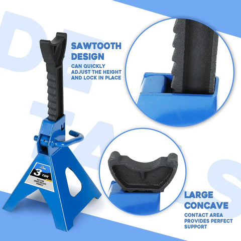 Close-up of Beefy 3 Ton Steel Automotive Jack Stands With Adjustable Height 11.4 To 16.8 Inches, blue base and wide saddle design