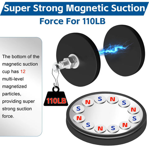 Front view of 4-pack rubber-coated neodymium magnets with bolt and wrench, 110 lb pull.