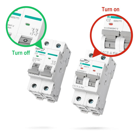 Tough Built 2P Dc Circuit Breaker 20Amp 500Volt Din Rail Mount Solar Disconnect Switch For Pv Panels Battery Bank Inverter RV Camper Home Electrical Panel with on/off indicators.