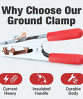 Beefy 500 Amp Heavy Duty Welding Ground Clamp with Braided Copper Shunt Strap and Solid Copper Jaws displayed with red handles