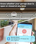 Zigbee Smart Garage Door Tilt Sensor with phone displaying real-time notifications for enhanced garage security, requires Zigbee hub.