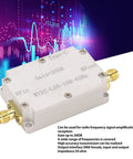 Boost Your Radio With A 10MHz To 6GHz RF Amplifier, 20dB Gain, Low Noise, High Flatness, FM Signal Booster With SMA Connector, DC 5V Powered For Crystal Clear Reception, aluminum housing, SMA connectors visible.